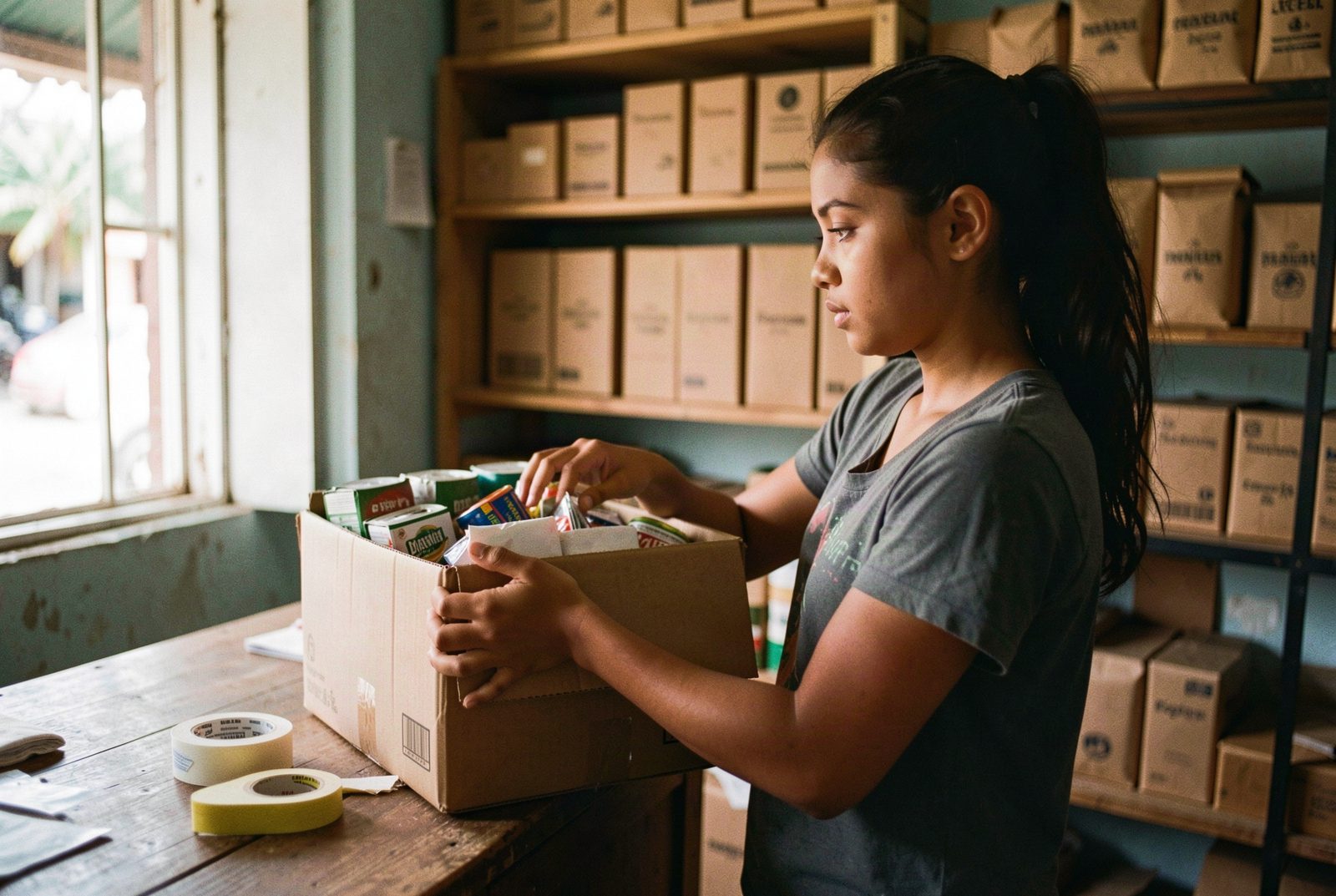 Emprendedor preparando pedidos de una tienda online en Panama con laptop y cajas