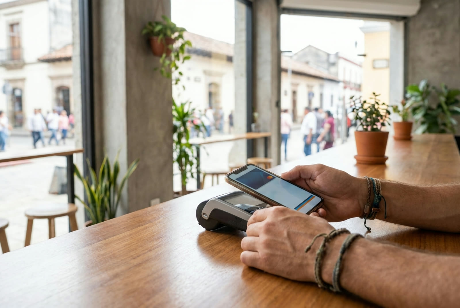 Persona pagando desde su celular con una aplicacion de banca movil en Panama