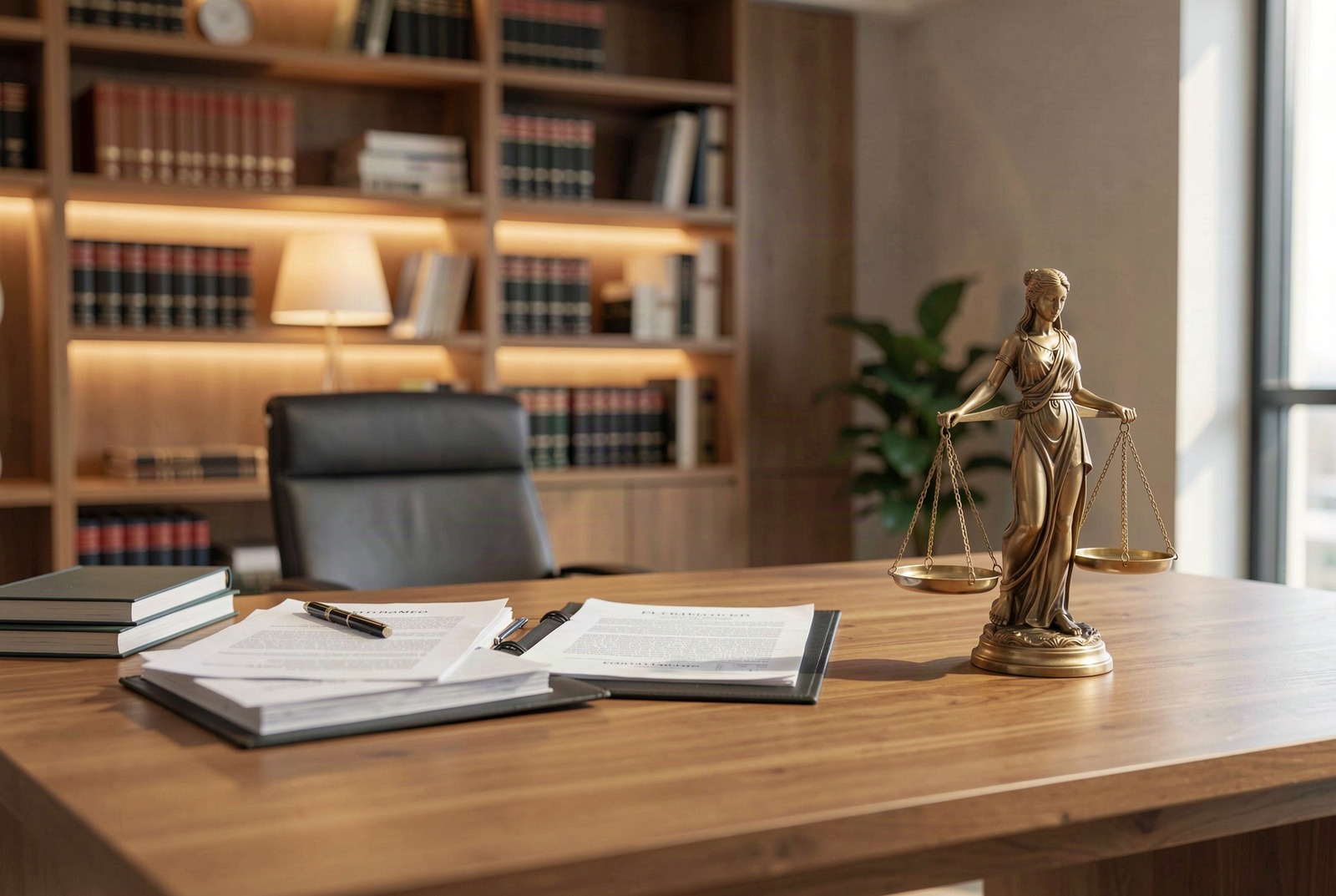 Escritorio de un despacho de abogados con documentos legales y una balanza de la justicia, estantería con libros de derecho de fondo