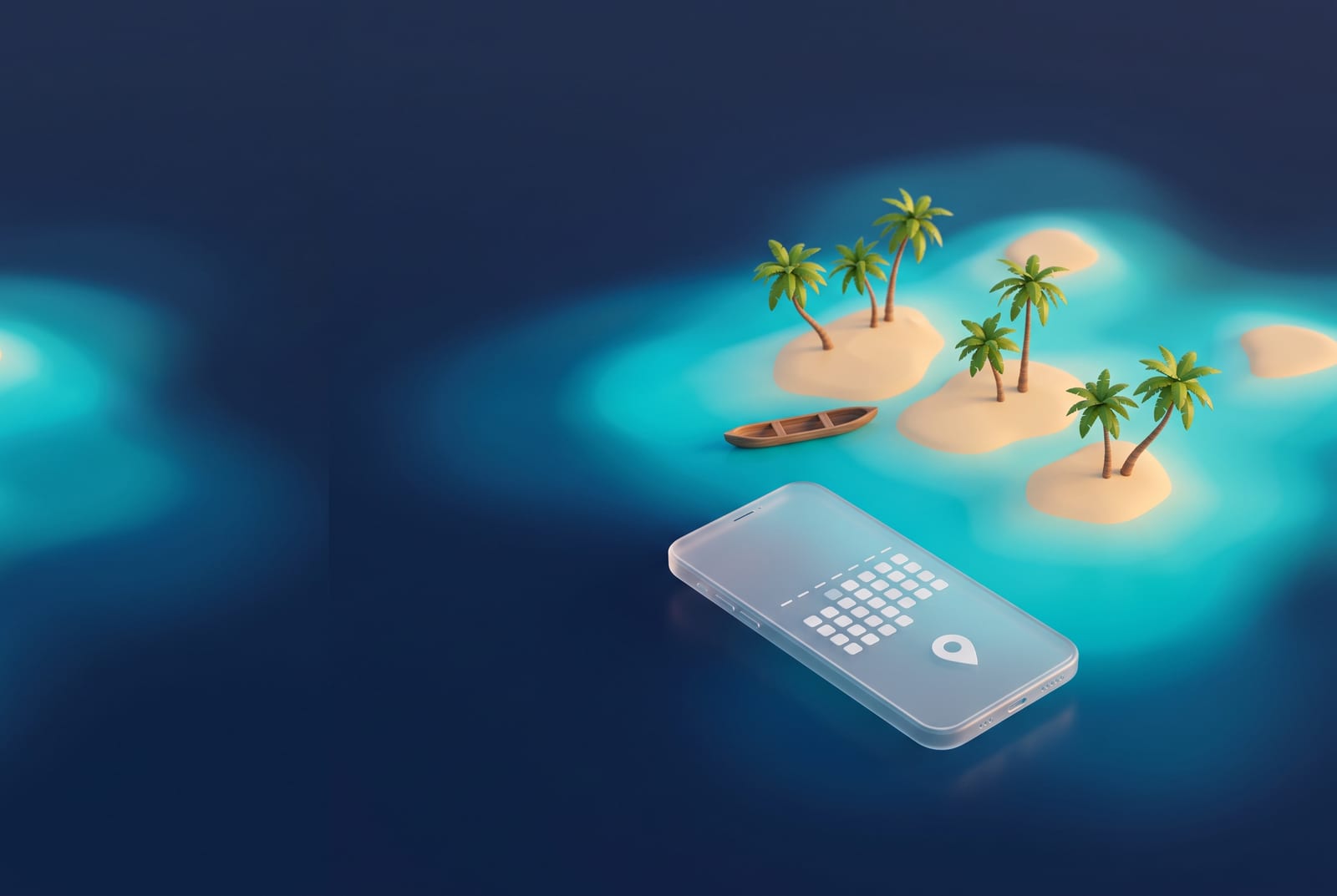 Islotes de San Blas con palmeras y un teléfono de vidrio con calendario y mapa que ilustran las reservas de una agencia de viajes