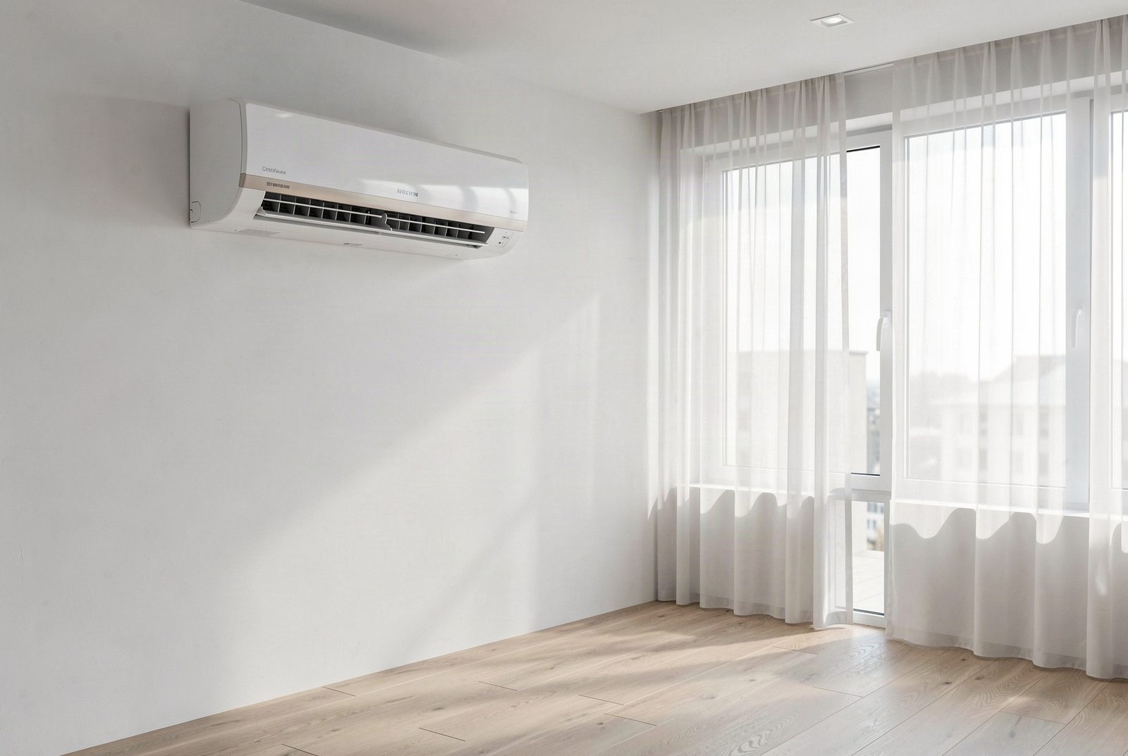 Unidad split de aire acondicionado en una pared blanca de una habitación luminosa, para el diseño web de empresas de A/C