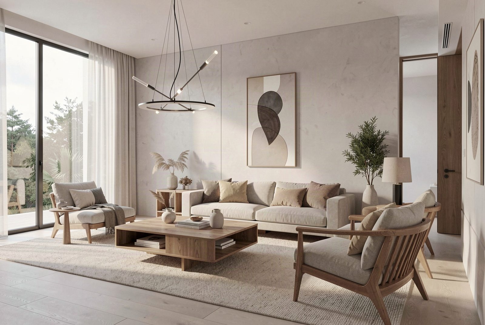 Sala de estar minimalista y contemporánea con líneas arquitectónicas limpias, materiales naturales, mobiliario elegante y luz natural entrando por ventanales amplios