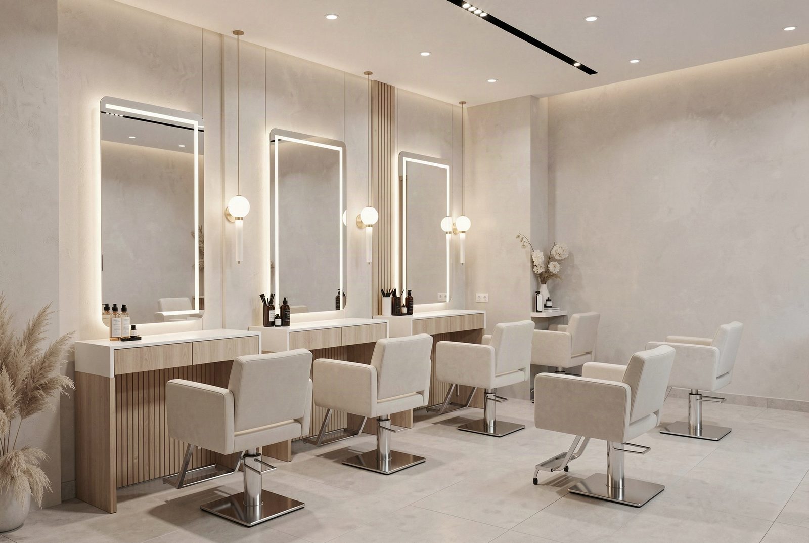 Interior moderno de un salón de belleza con estaciones de peinado y espejos, luz suave y estética minimalista, sin personas visibles