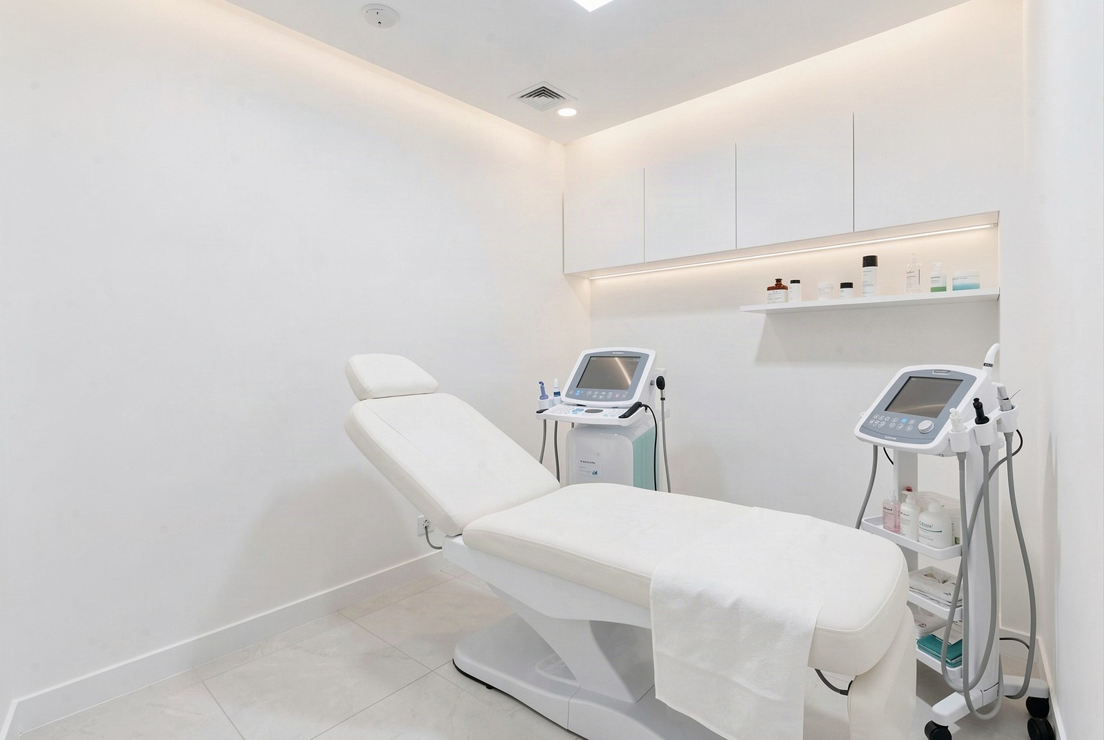 Sala de tratamiento de una clínica estética moderna, minimalista y de líneas limpias