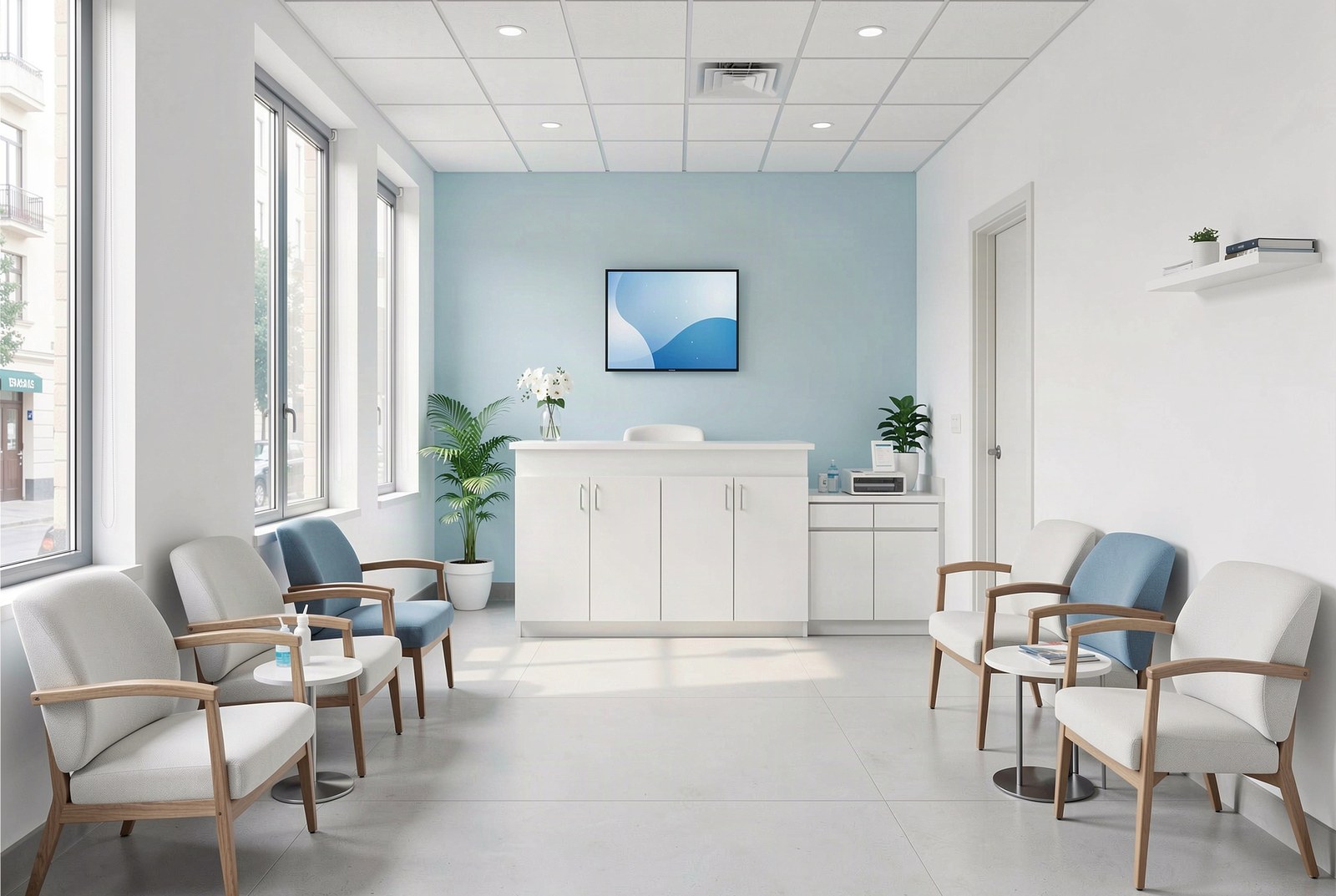 Recepción y sala de espera de una clínica moderna, con sillas cómodas y luz natural