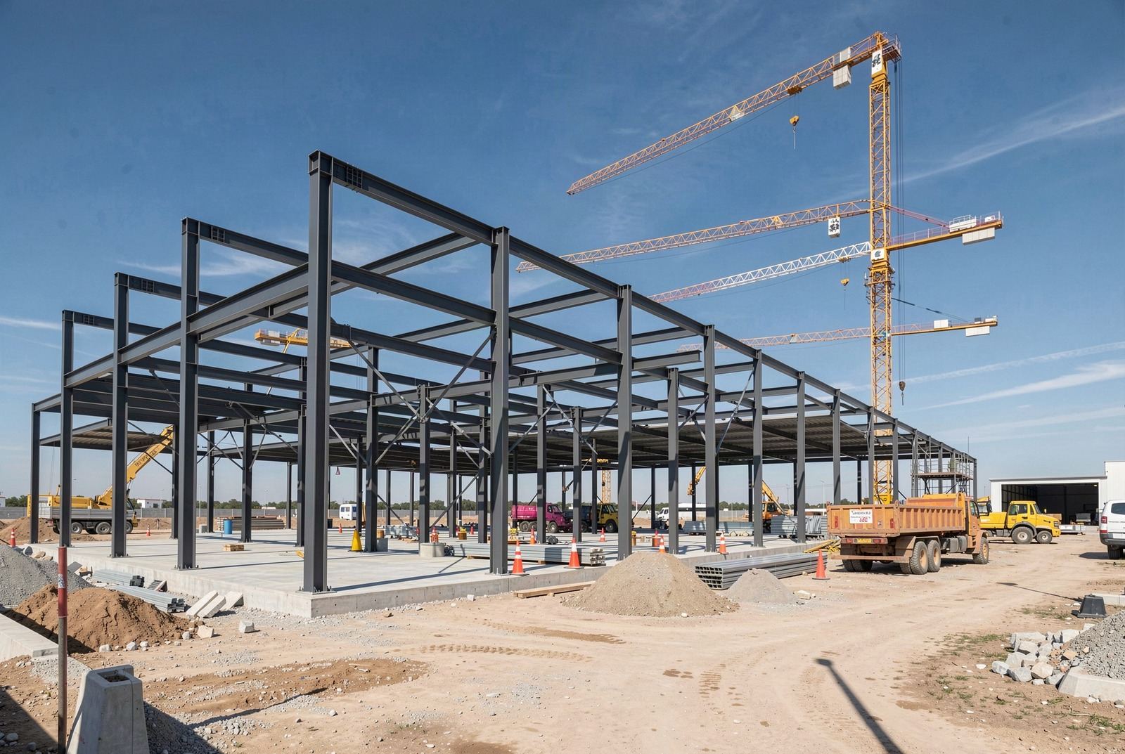 Obra de construcción con estructura de acero, grúas de fondo y cielo despejado