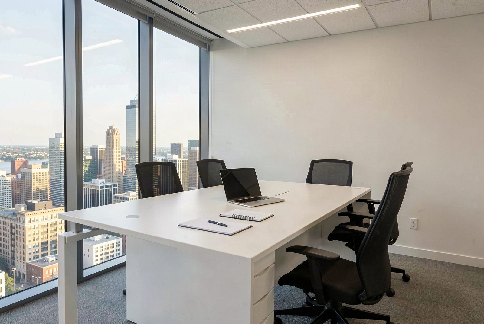 Sala de reuniones de una consultora moderna con escritorio minimalista, laptop y libreta de apuntes, vista de la ciudad de fondo a través de ventanales