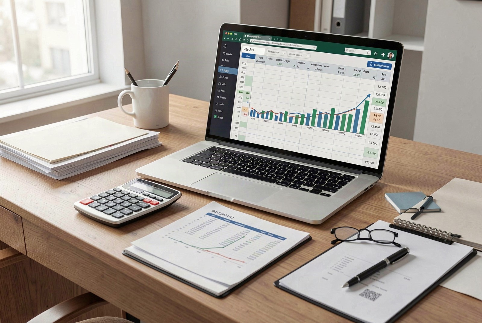 Escritorio de oficina contable con calculadora, documentos financieros y laptop con gráficos en pantalla