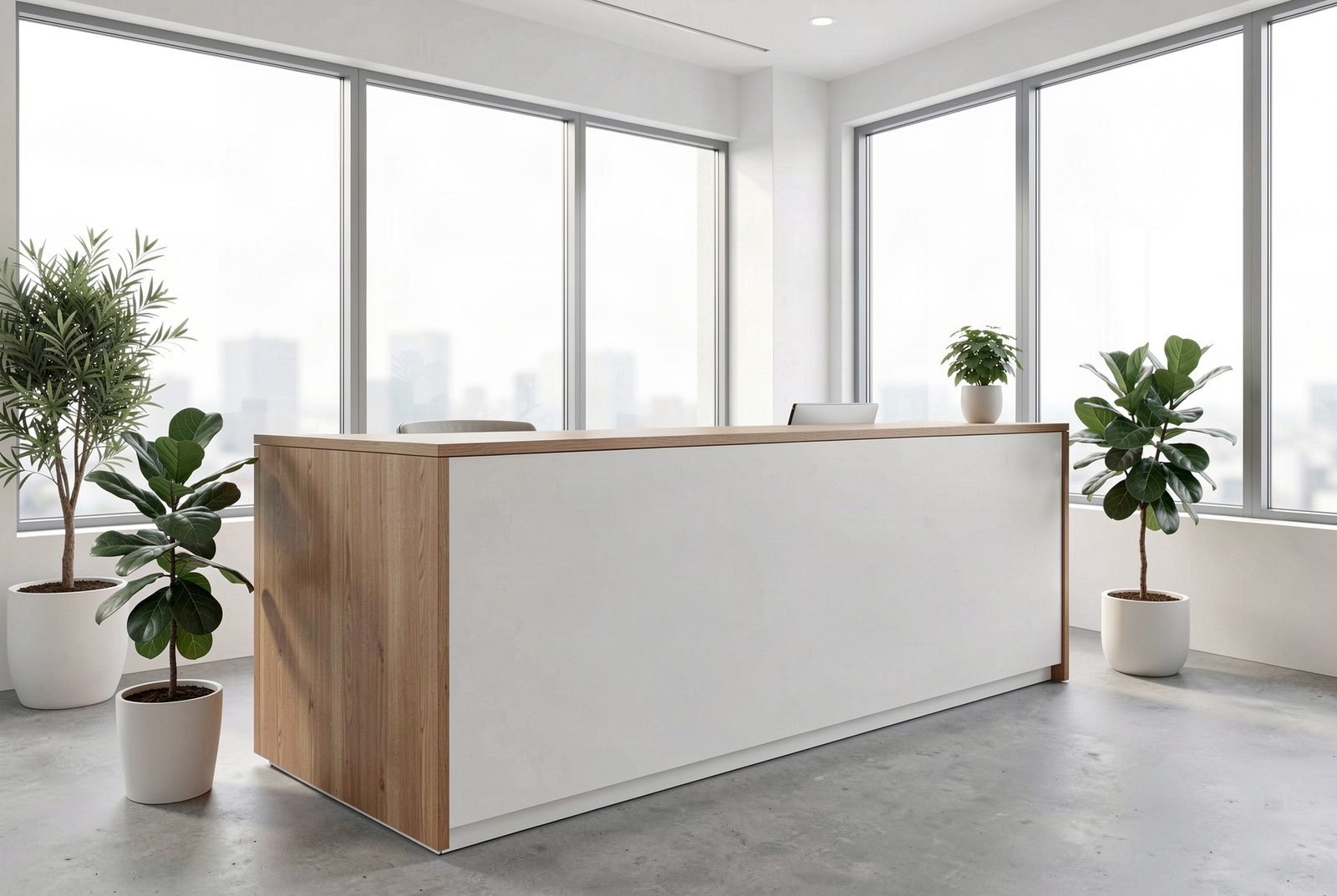 Recepción moderna de una oficina financiera, escritorio de atención limpio, ambiente corporativo de confianza con luz natural suave, sin rostros ni logos visibles