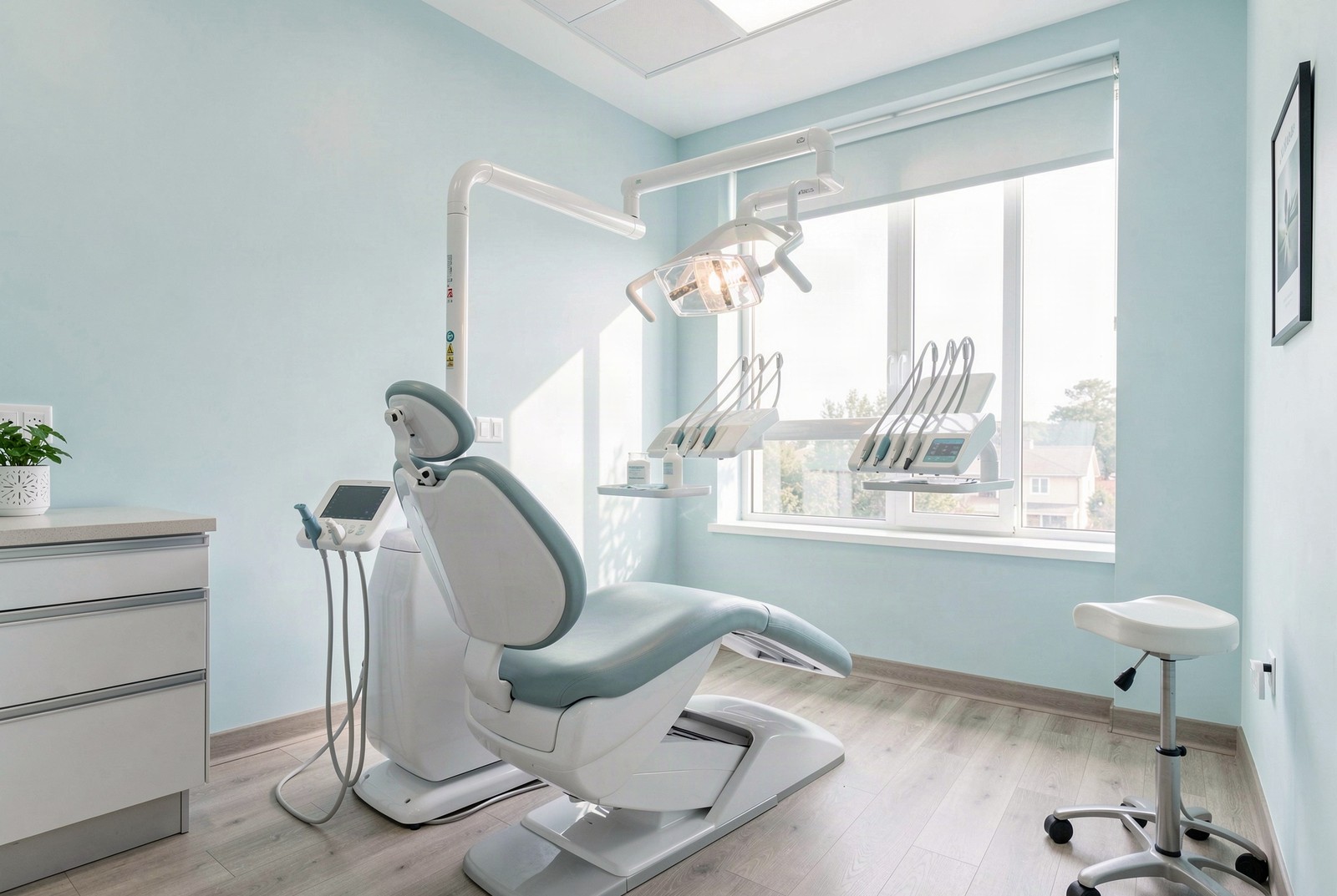 Consultorio dental moderno y luminoso con sillón dental y colores claros