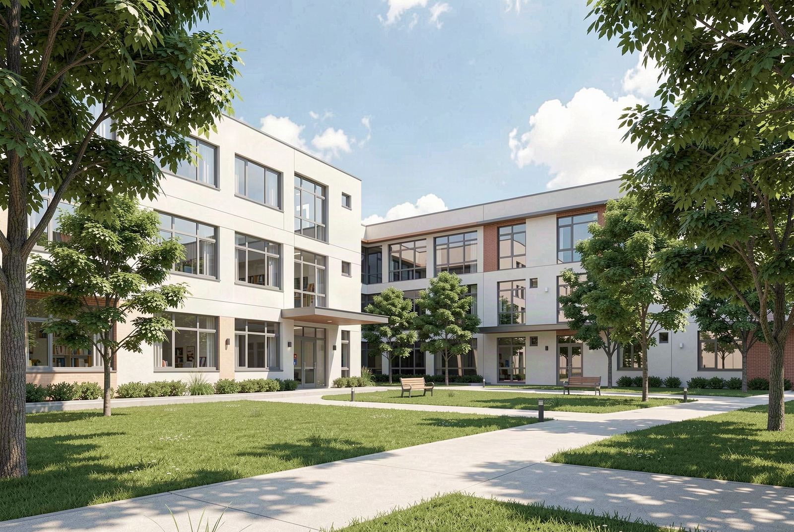 Fachada moderna de un campus escolar con patio verde arbolado, arquitectura limpia y luz natural de día