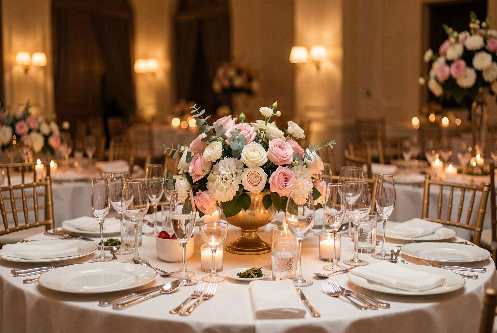 Mesa de recepción de boda montada con elegancia, vajilla fina y centro de mesa floral, bajo luz cálida y ambiente romántico