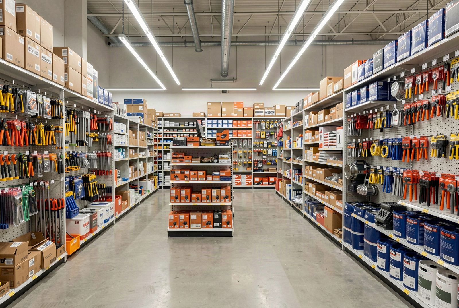 Interior de una ferretería organizada, con estanterías llenas de herramientas y materiales de construcción bajo luz industrial