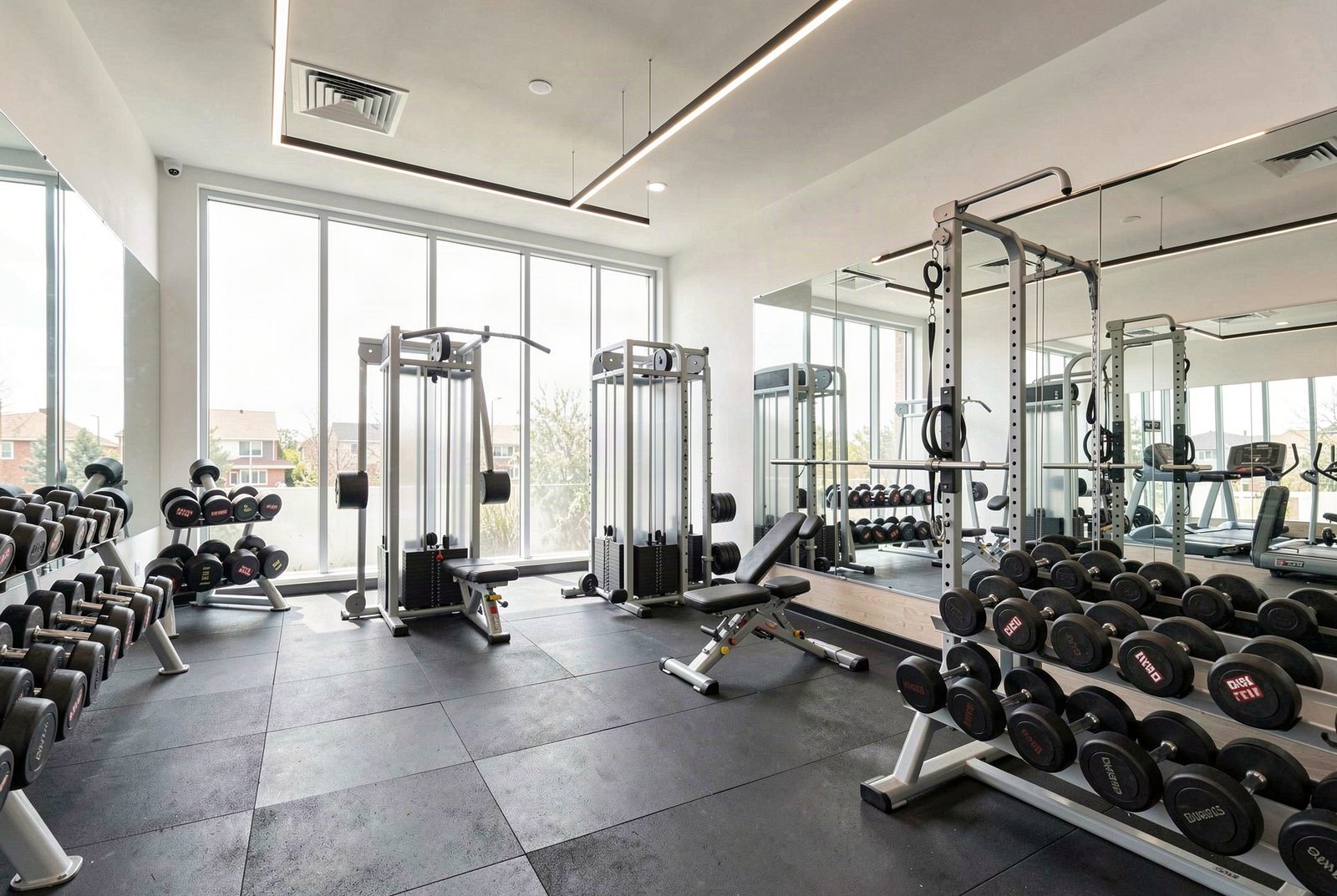 Interior de un gimnasio moderno con máquinas y pesas ordenadas, iluminación natural, sin personas ni logotipos visibles