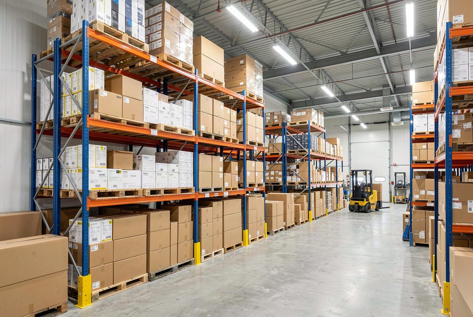 Pasillo de una bodega de distribución mayorista con estanterías industriales llenas de cajas de producto en pallets y un montacargas amarillo al fondo, instalación amplia y bien iluminada