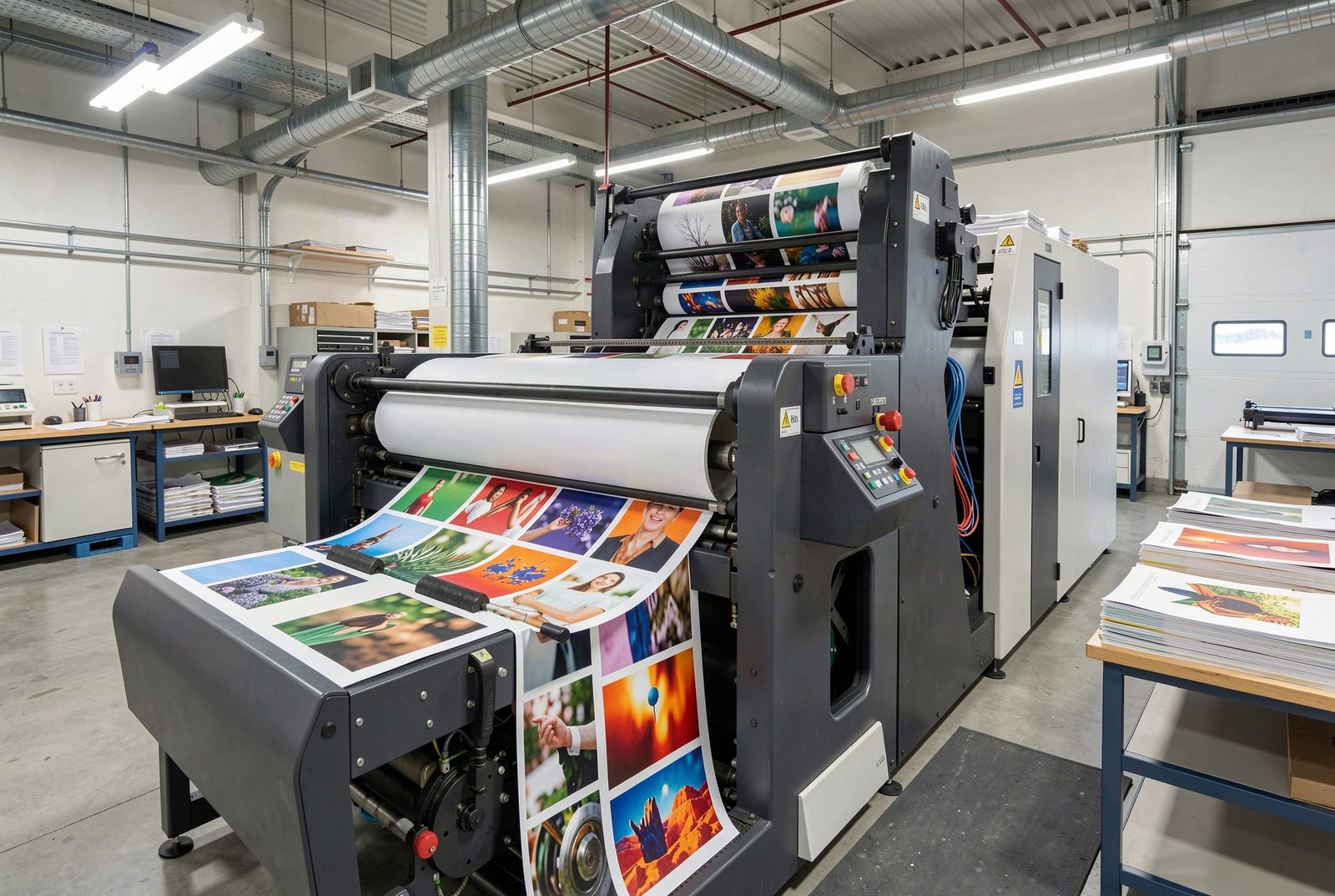 Máquina de imprenta industrial en funcionamiento imprimiendo pliegos a color en un taller de artes gráficas