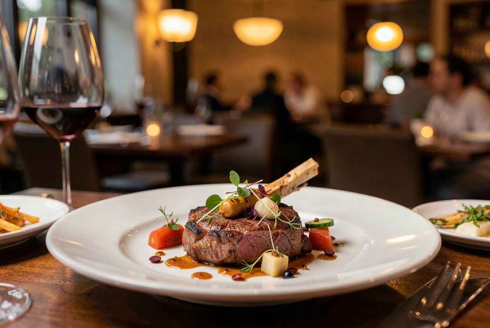 Plato gourmet bien emplatado sobre una mesa de restaurante, con luz cálida de ambiente