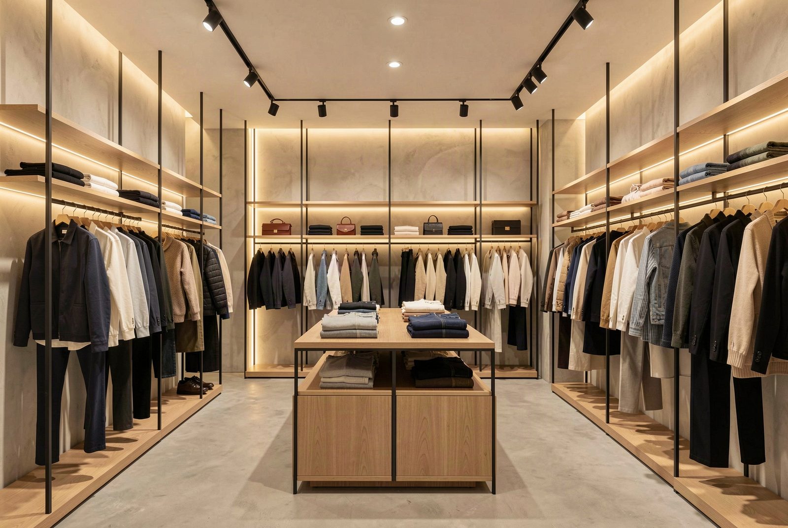 Interior de una tienda de ropa moderna con racks organizados y luz cálida e invitadora