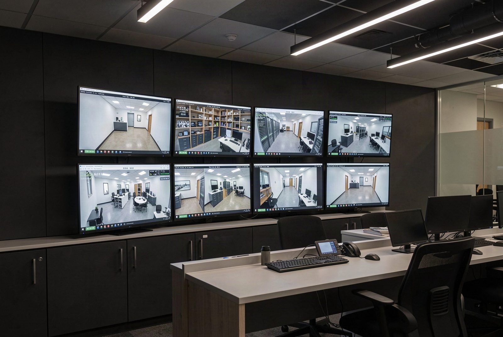 Centro de monitoreo de seguridad con varias pantallas de CCTV mostrando distintas vistas de un edificio, sala de control con iluminación ambiental oscura