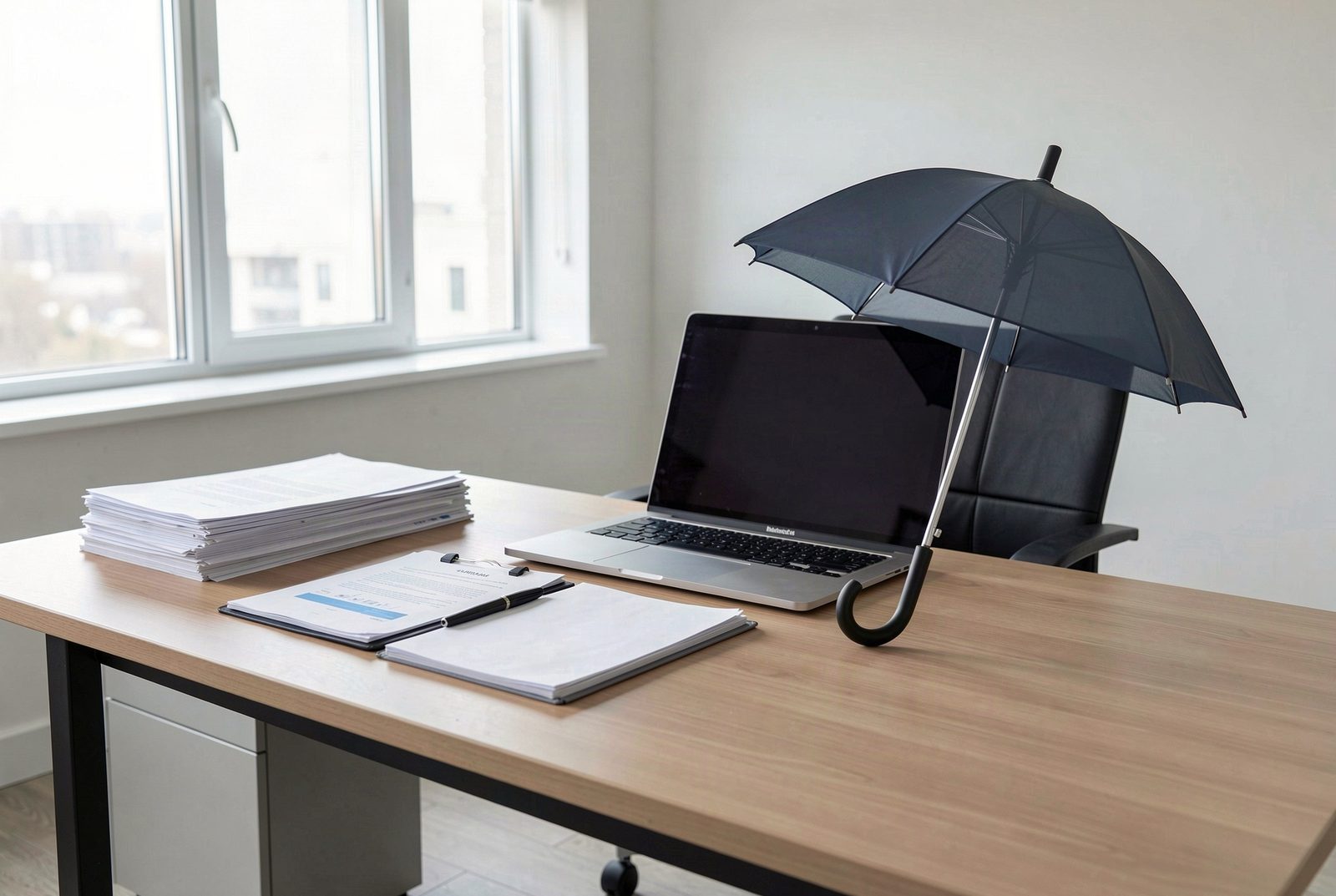 Escritorio de oficina con laptop, documentos y un paraguas negro abierto sobre la silla como símbolo de cobertura, con luz natural de ventana