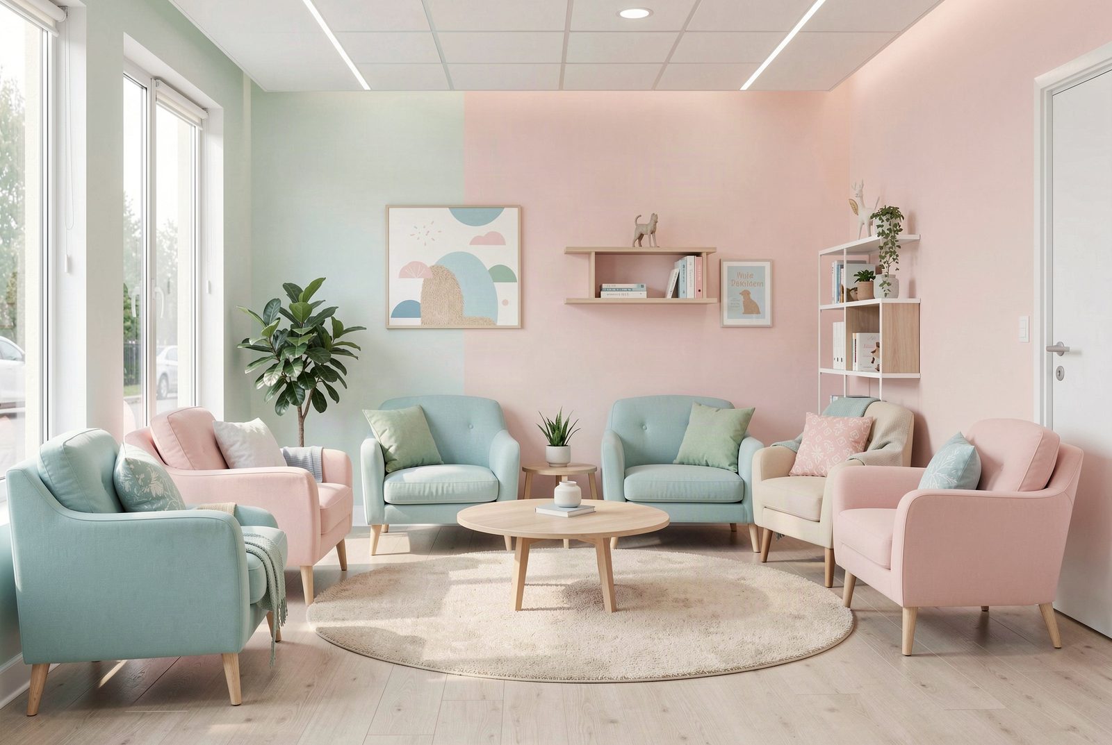 Sala de espera de una clínica veterinaria moderna, luminosa y acogedora, con asientos cómodos y colores pasteles suaves