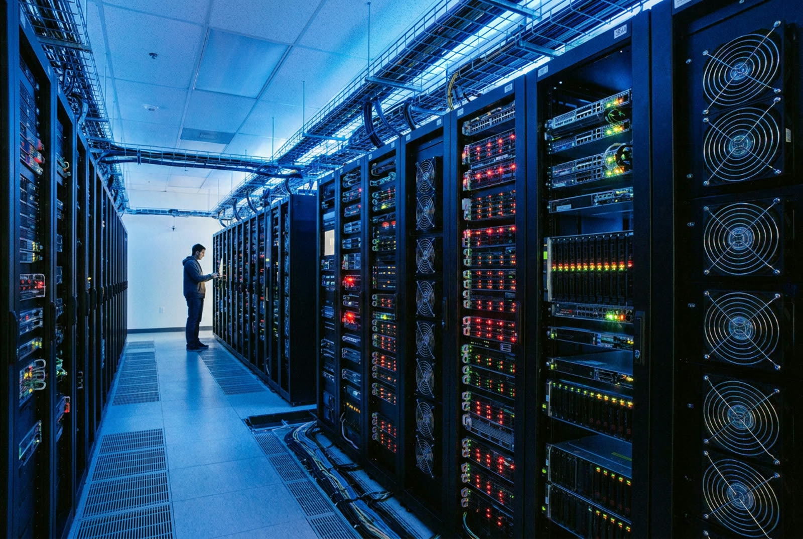 Servidores de un centro de datos con luces indicando actividad