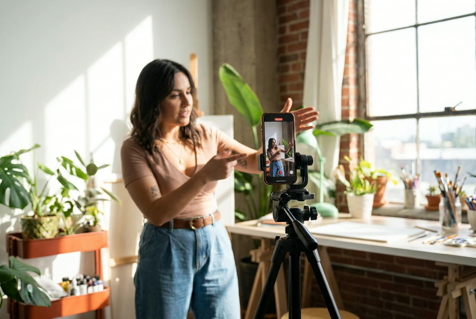 Creador de contenido grabando un Reel con el celular para redes sociales