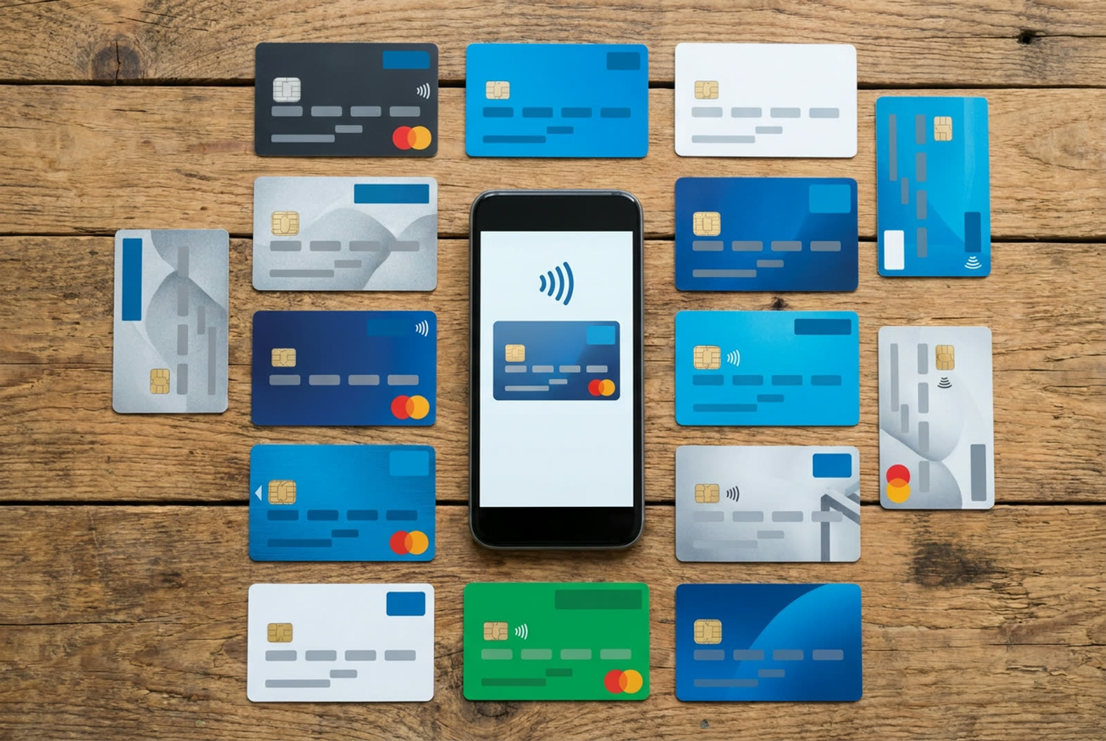 Distintos metodos de pago digital y tarjetas sobre un escritorio en Panama
