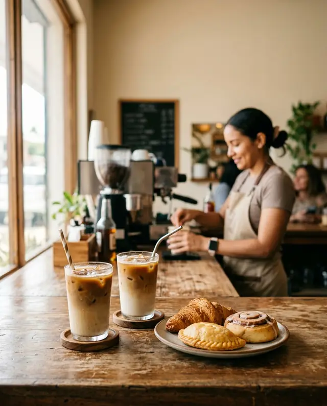 Dos cafés fríos y pasteles en el mostrador de una cafetería
