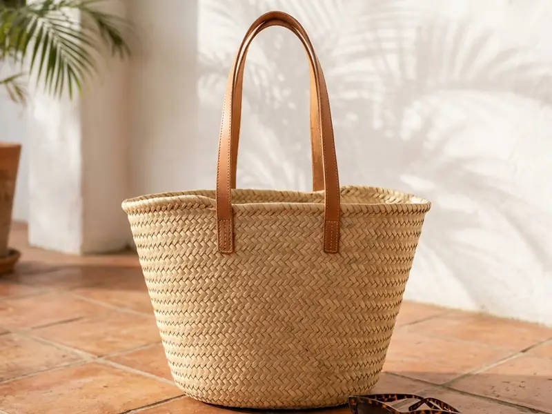 Bolso de playa tejido con asas de cuero junto a una pared blanca