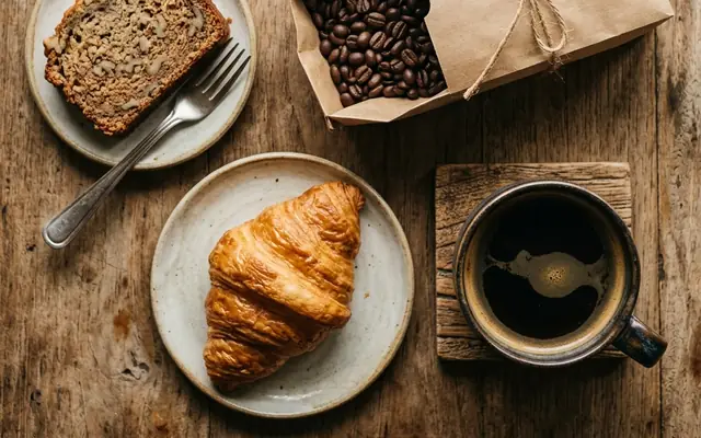Café, croissant y pan de banano sobre una mesa de madera