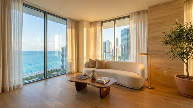 Render fijo de la sala del apartamento de ejemplo, con sofá curvo, mesa de madera y ventanales al mar
