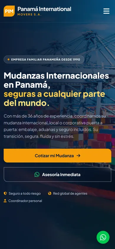 La web de Panama International Movers en un celular