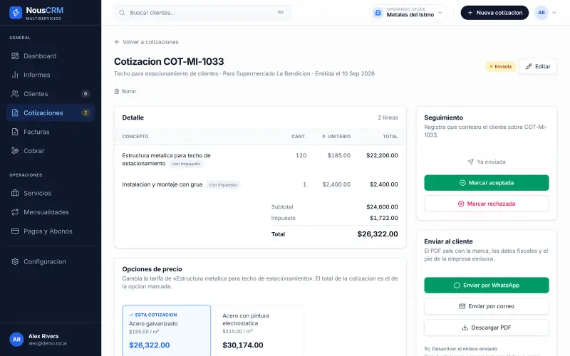 Cotización en NousCRM con su detalle, opciones de precio y el botón para enviarla por WhatsApp, con datos de demostración