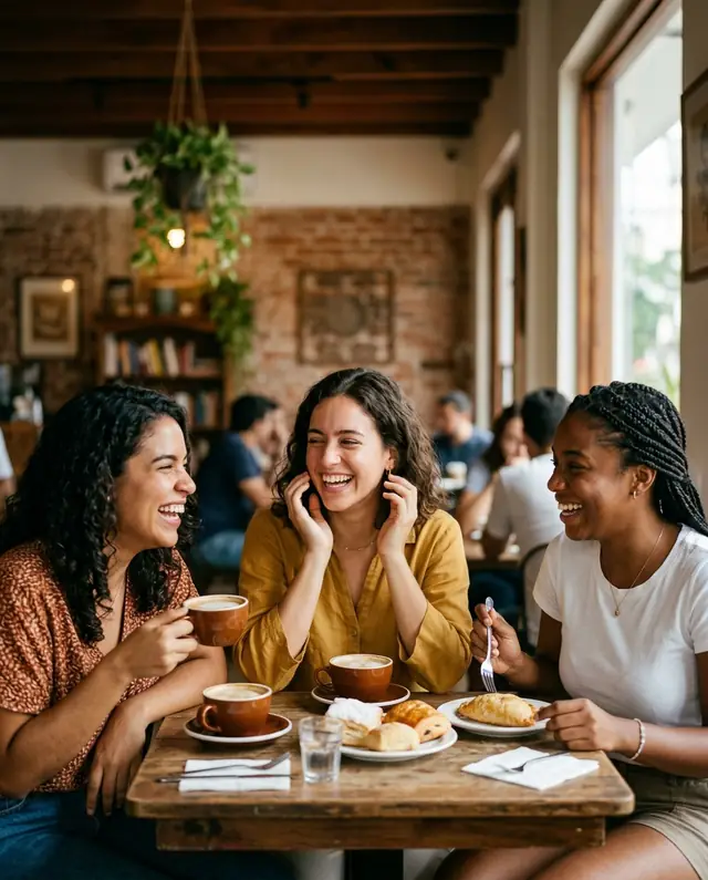 Tres amigas se ríen en una mesa de cafetería