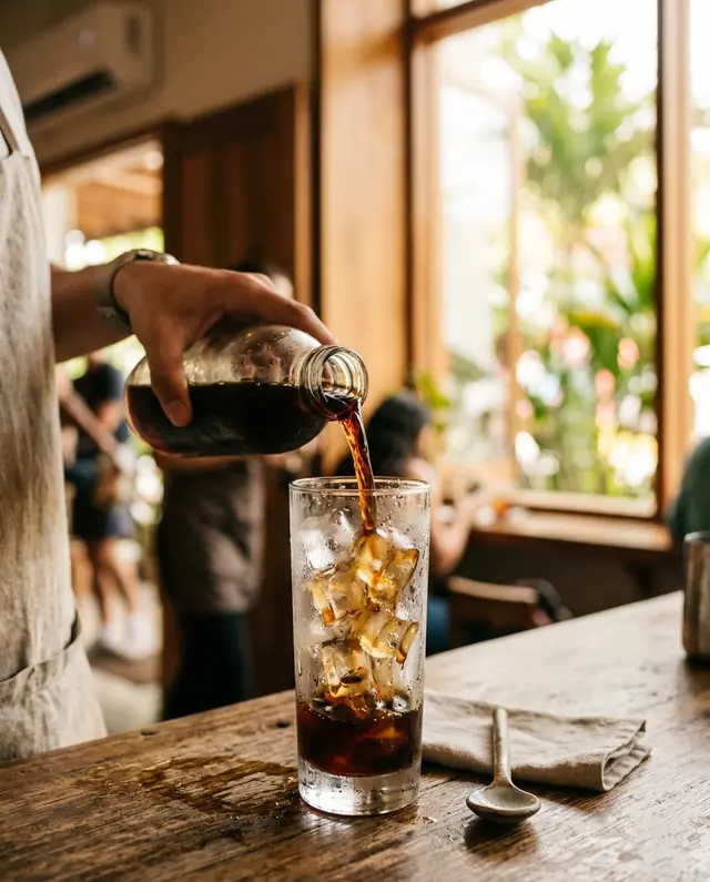 Café en frío servido sobre hielo en un vaso alto