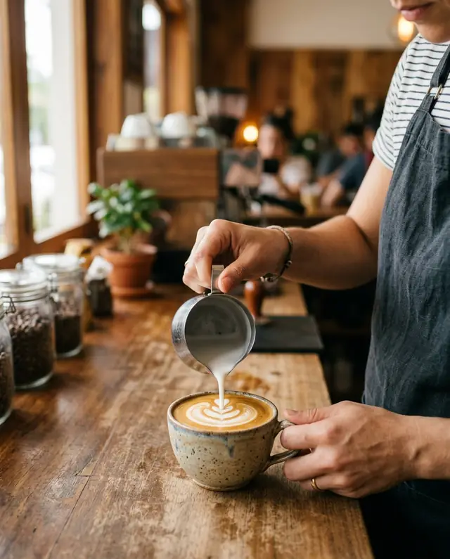 Barista sirve leche sobre un latte con arte en la espuma