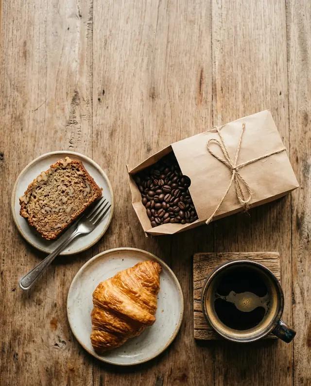 Café, granos, croissant y pan de banano sobre una mesa de madera