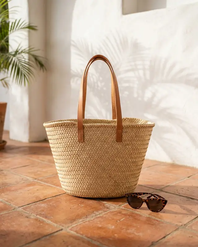 Bolso de playa tejido con asas de cuero sobre un piso de terracota, foto de producto de ejemplo