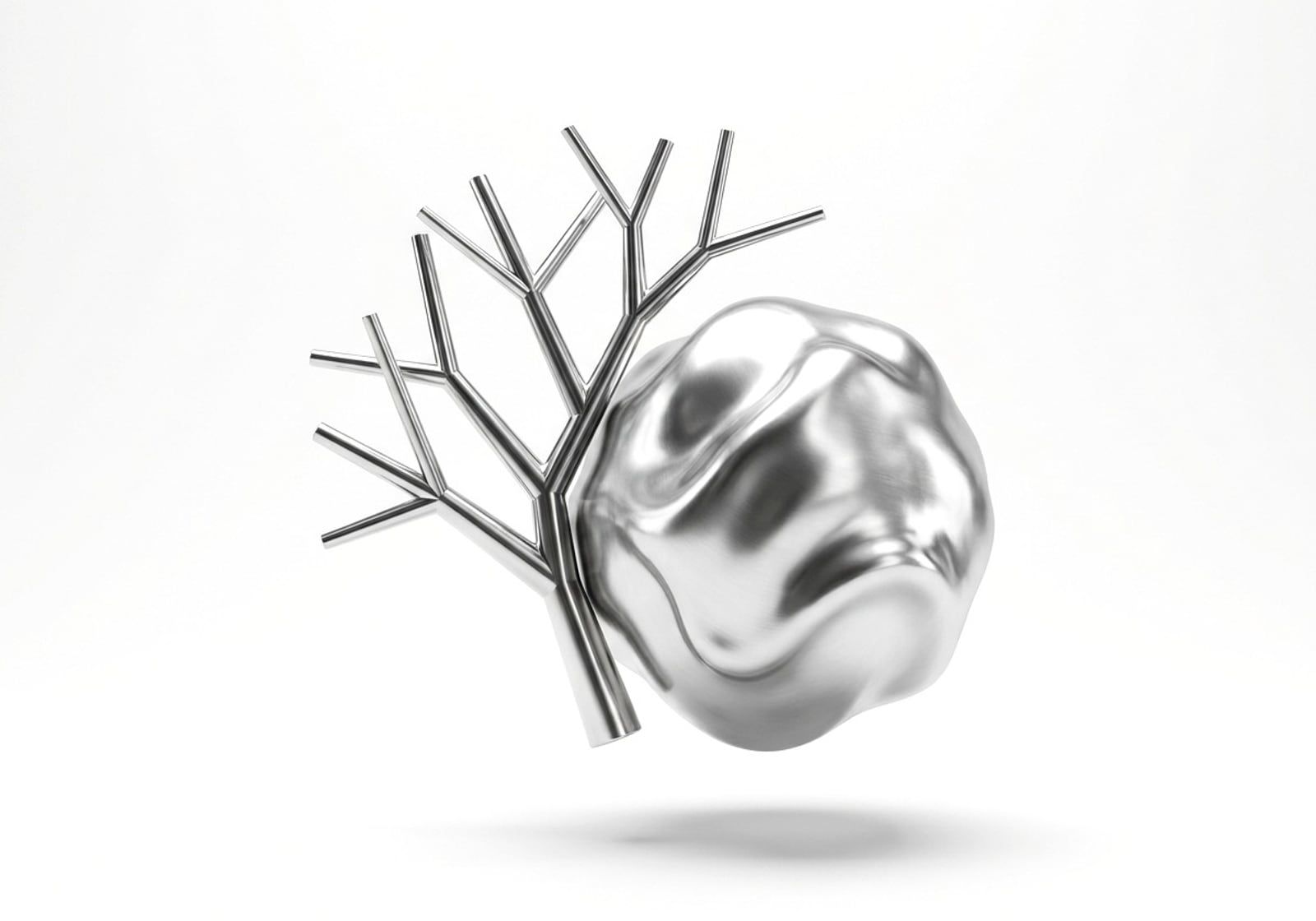 Árbol de varillas rectas junto a una esfera lisa de metal líquido, en cromo plateado, render 3D sobre fondo gris claro