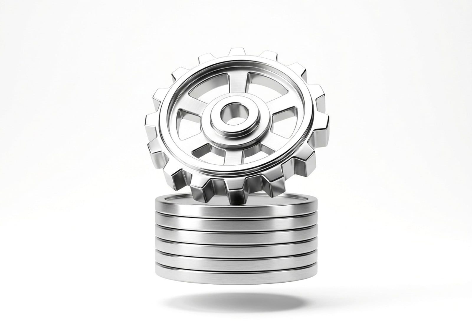 Engranaje sobre una pila de monedas, en cromo plateado, render 3D sobre fondo gris claro