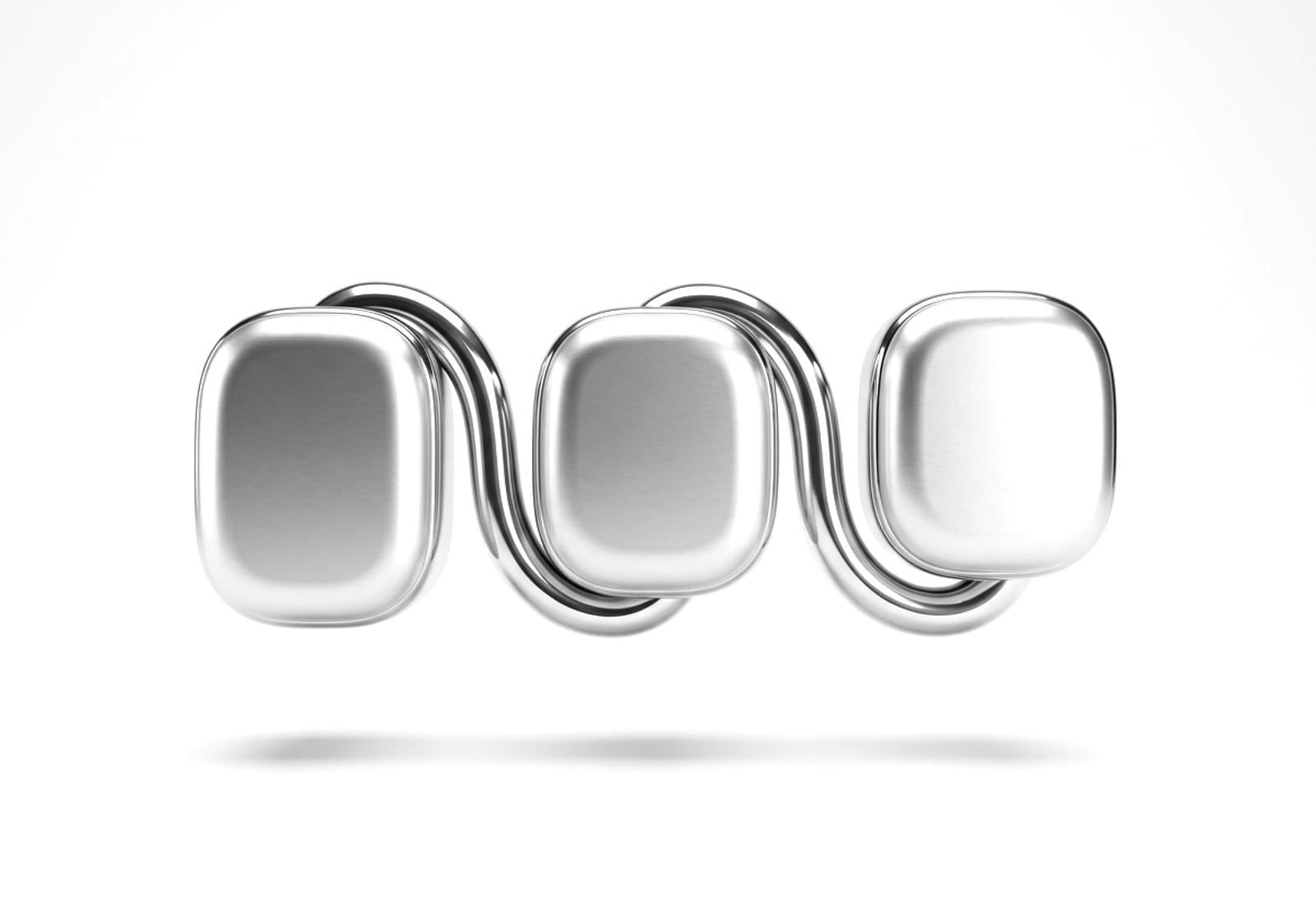 Tres bloques conectados por tubos curvos formando un flujo, en cromo plateado, render 3D sobre fondo gris claro