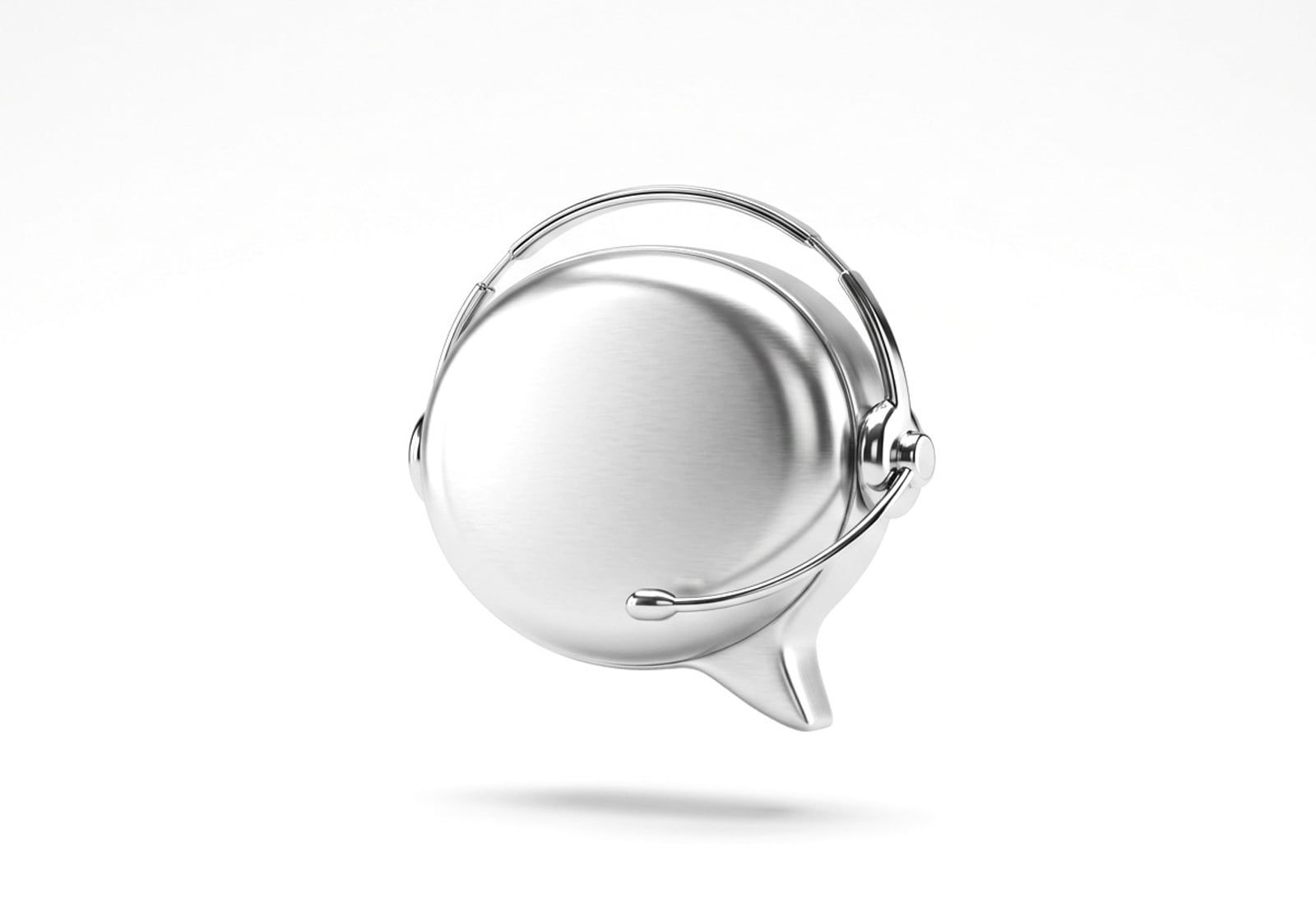 Burbuja de chat con unos audífonos de atención al cliente, en cromo plateado, render 3D sobre fondo gris claro