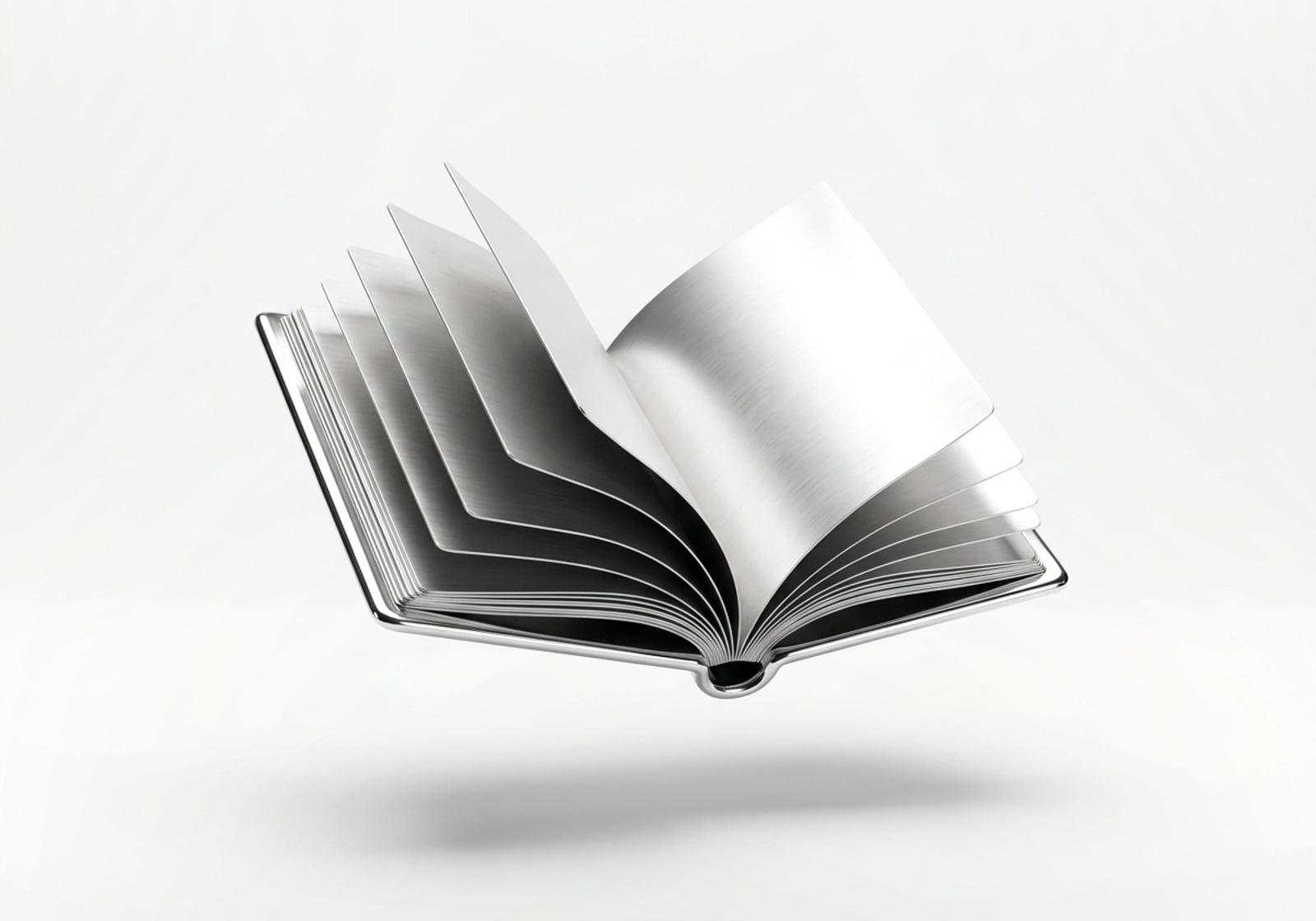 Libro abierto con las páginas en abanico, en cromo plateado, render 3D sobre fondo gris claro