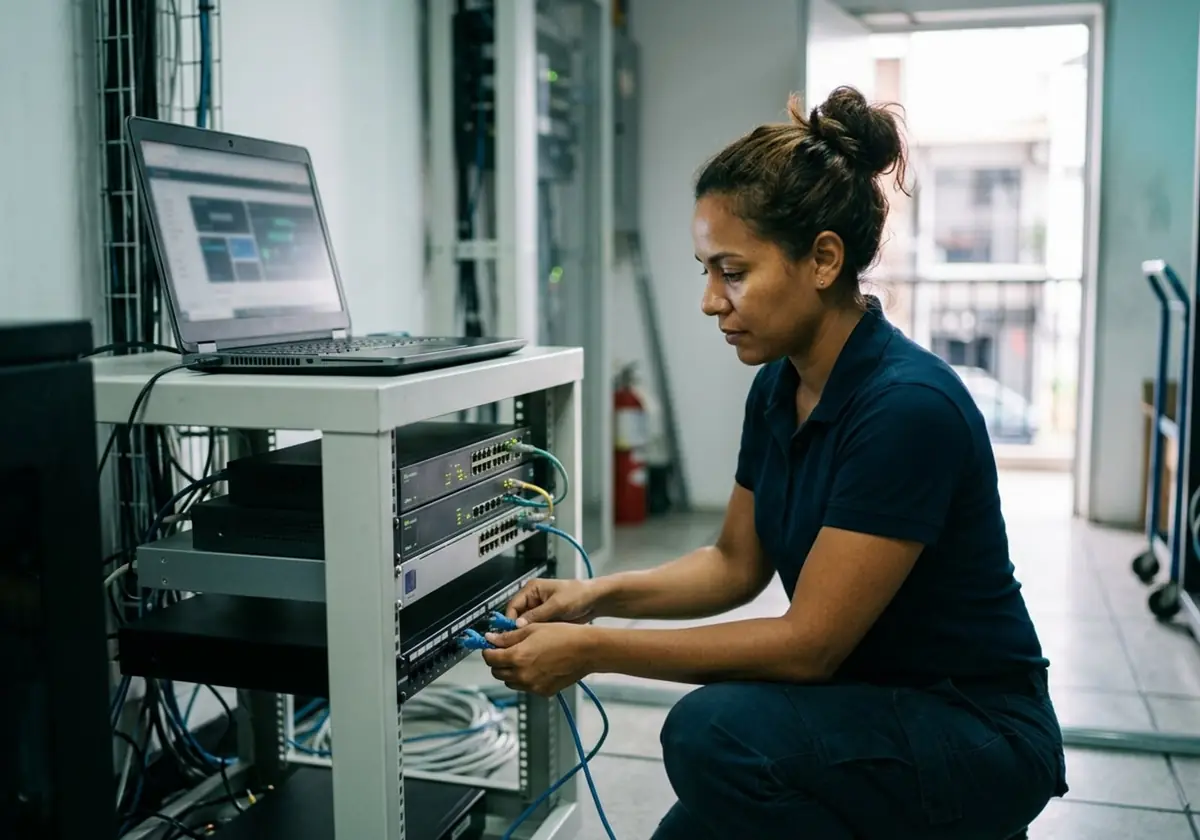 Técnica de TI revisa los cables de un rack de servidores con una laptop encima, en la sala de servidores de una oficina en Panamá