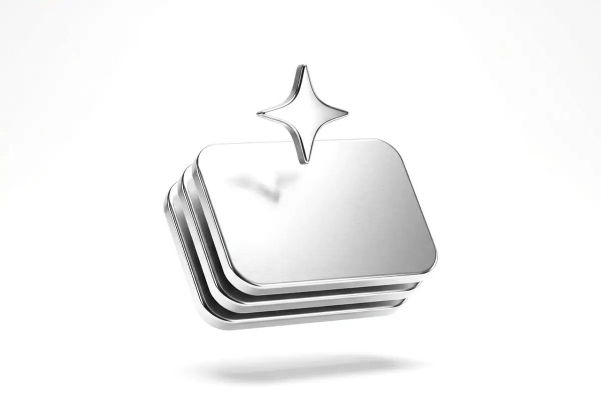 Tarjetas de resultados apiladas con una estrella brillante encima, en cromo plateado, render 3D sobre fondo gris claro