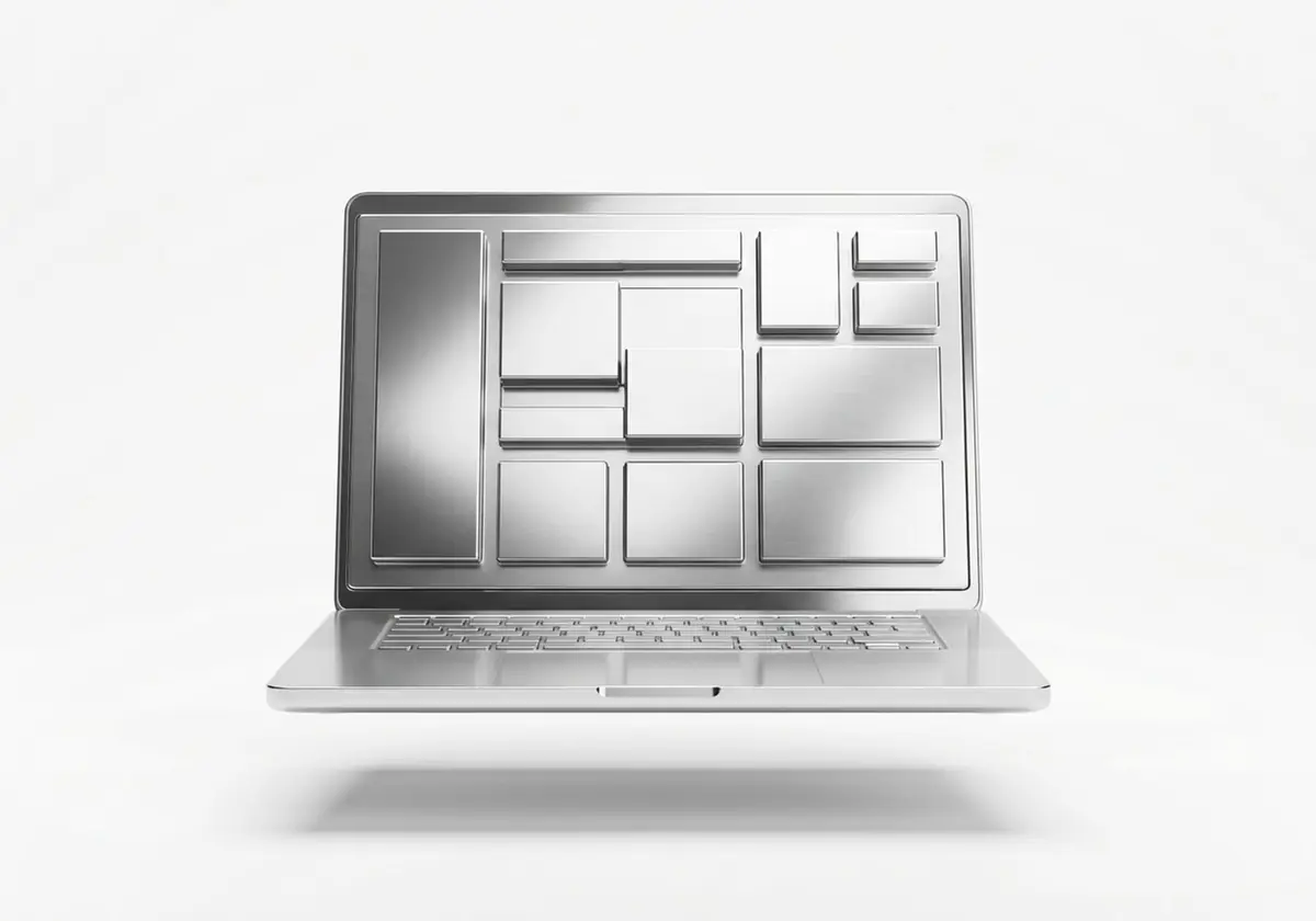 Laptop abierta con bloques de diseño en relieve en la pantalla, en cromo plateado, render 3D sobre fondo gris claro