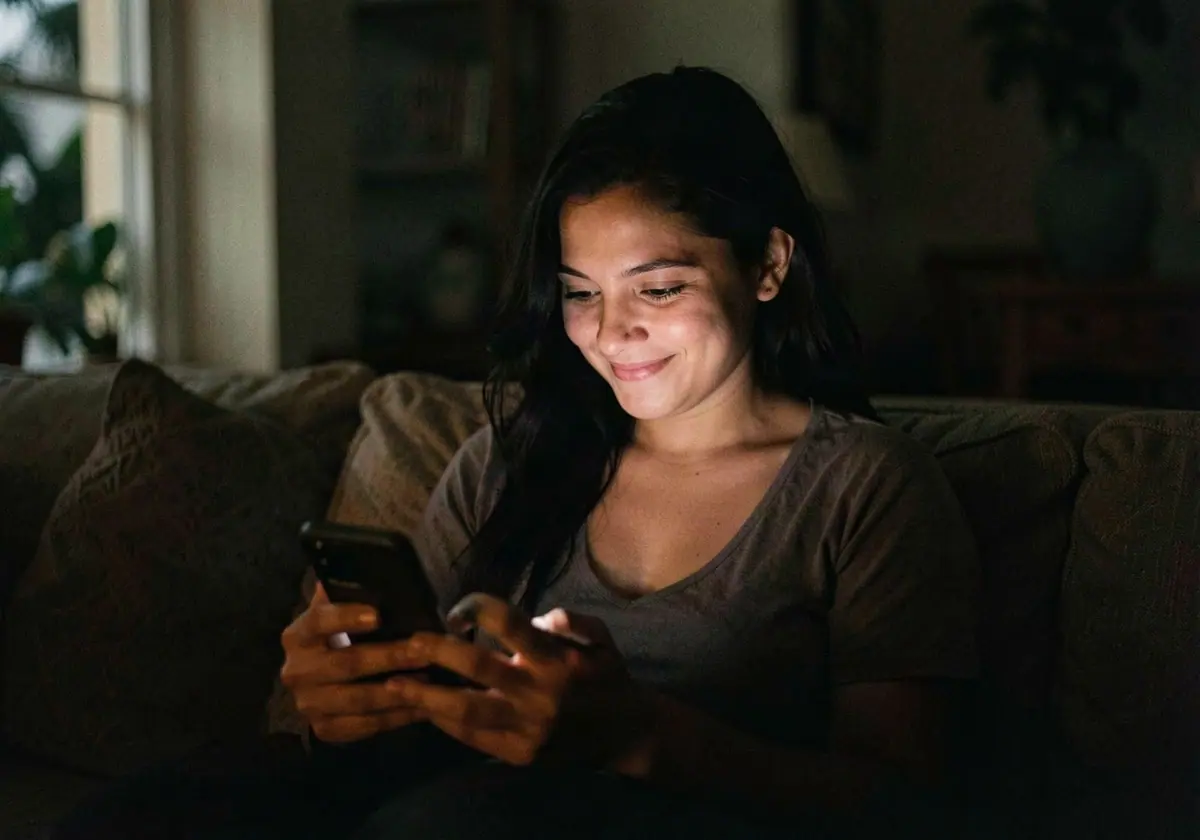 Mujer sonriente escribe en su celular desde un sofá en penumbra, como quien conversa con el chatbot de IA de un negocio