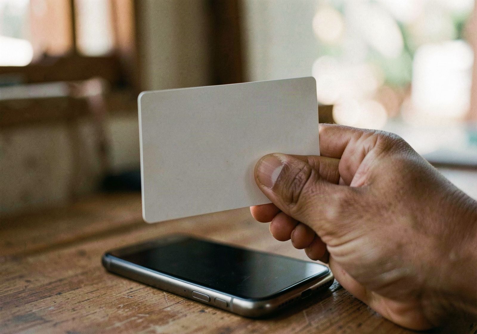 Una mano sostiene una tarjeta bancaria sobre un celular, a punto de pagar en línea