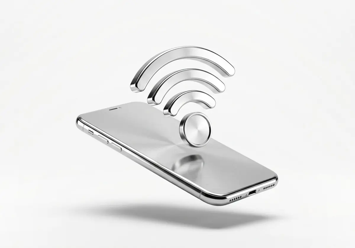 Celular con una moneda y ondas de pago sin contacto, en cromo plateado, render 3D sobre fondo gris claro